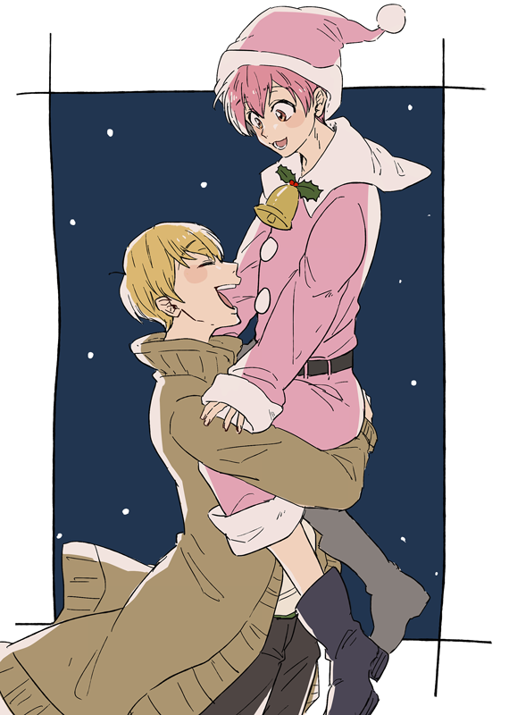 10s, 2boys, :3, bell, black_border, blonde_hair, blush_stickers, border, brothers, brown_eyes, f6_(osomatsu-san), hat, incest, jacket, male_focus, matsuno_jyushimatsu, matsuno_todomatsu, multiple_boys, open_clothes, open_jacket, open_mouth, osomatsu-kun, osomatsu-san, osomatsu_(series), outside_border, pants, pants_rolled_up, pink_hair, santa_costume, santa_hat, siblings, smile, snow, winter_clothes, yaoi, yuka_(yk_osmt)