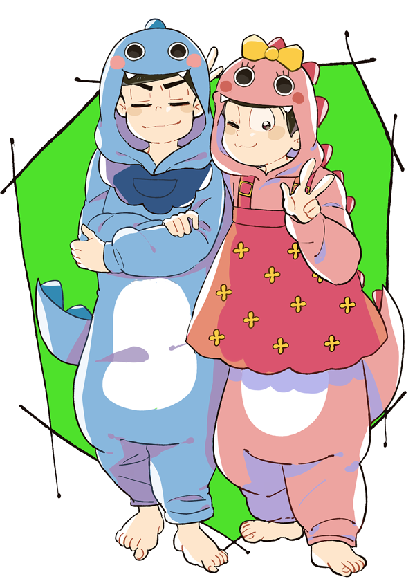 10s, 2boys, ;3, barefoot, black_hair, brothers, closed_eyes, cosplay, crossed_arms, kigurumi, looking_at_viewer, male_focus, matsuno_karamatsu, matsuno_todomatsu, multiple_boys, one_eye_closed, osomatsu-kun, osomatsu-san, osomatsu_(series), siblings, smile, v, wink, yuka_(yk_osmt)
