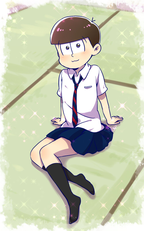 10s, 1boy, :3, arm_support, bad_id, bad_pixiv_id, bowl_cut, brown_hair, crossdressing, crossdressing_(mtf), danshi_koukousei_no_nichijou, irino_miyu, male_focus, matsuno_todomatsu, necktie, osomatsu-kun, osomatsu-san, osomatsu_(series), parody, school_uniform, serafuku, signature, skirt, socks, solo, sparkle, striped_clothes, striped_necktie, striped_neckwear, tadakuni_(danshi_koukousei), thighhighs, tsukushidango, voice_actor_connection