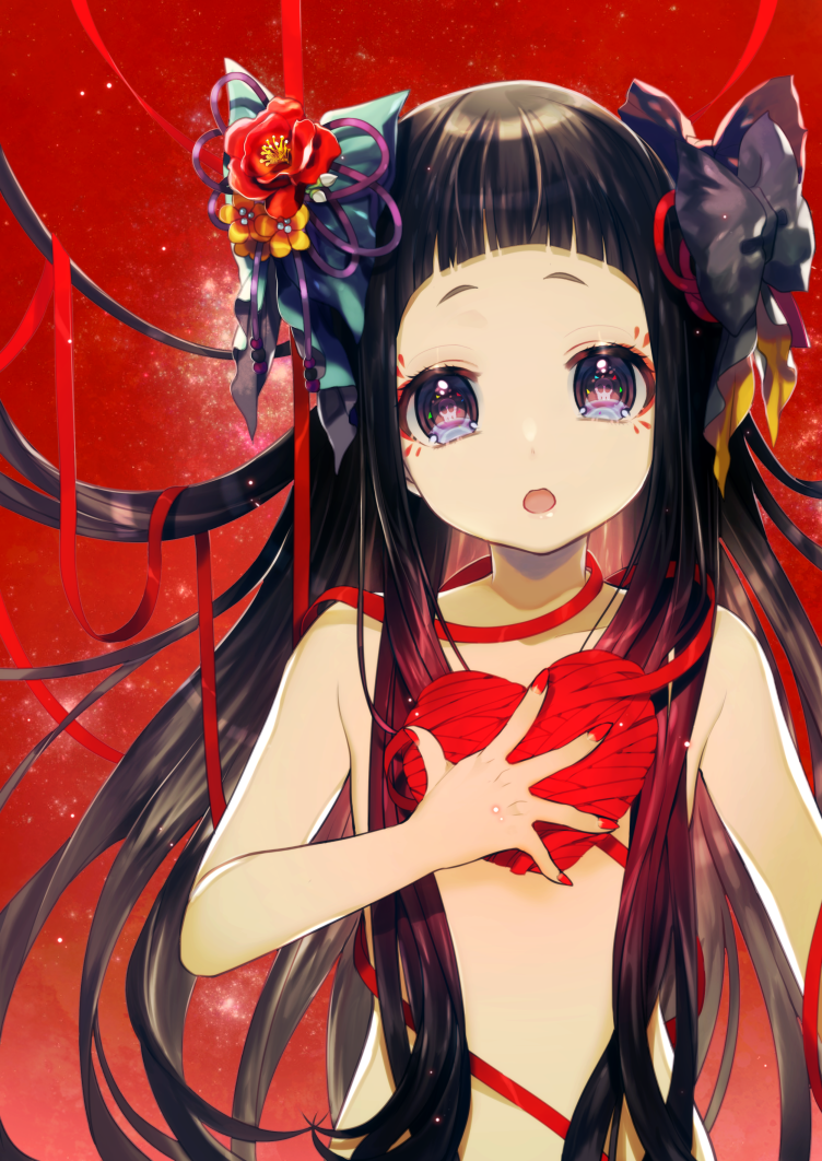 10s, 1girl, black_hair, blue_eyes, blunt_bangs, bow, female_focus, fingernails, flower, hair_bow, hair_flower, hair_ornament, heart, long_hair, makeup, marimari_(show_by_rock!!), momoshiki_tsubaki, nail_polish, nude, open_mouth, ribbon, show_by_rock!!, solo