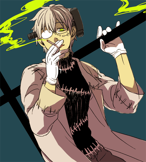 00s, 1boy, cigarette, franken_stein_(soul_eater), glasses, green_eyes, ha.skr_(hasukara), lab_coat