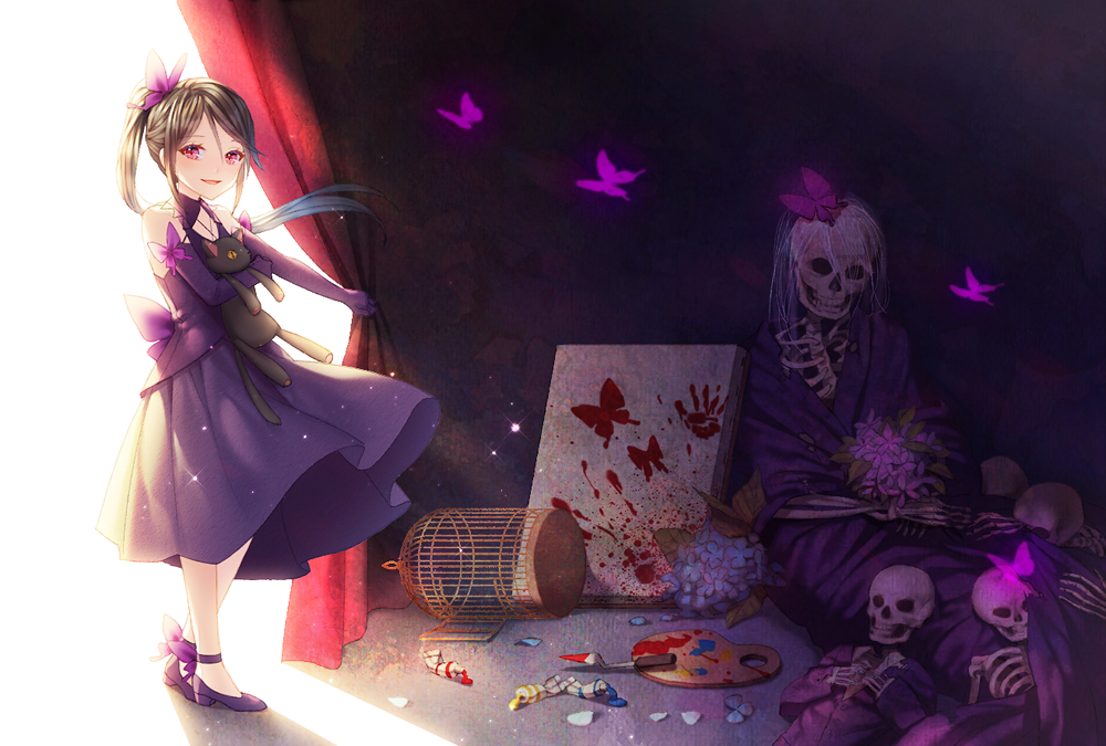 1girl, aged_down, bare_shoulders, birdcage, black_hair, blood, blood_splatter, bug