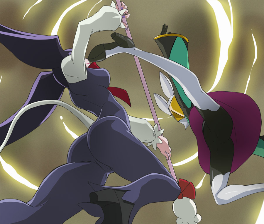 2girls, ass, black_bodysuit, black_hair, bodysuit, breasts, fighting, go!_princess_precure, haruyama_kazunori, kicking, long_hair, medium_breasts, miss_siamour, miss_siamour_(human), multiple_girls, precure, staff, stop_(precure), tail, twintails