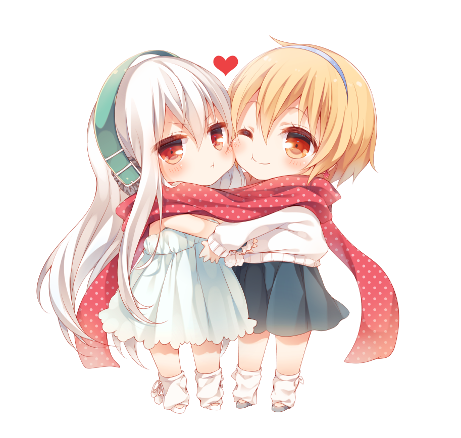 >:t, 2girls, :t, ;), ameko_(komeshiro_kasu), blonde_hair, cheek-to-cheek, chibi