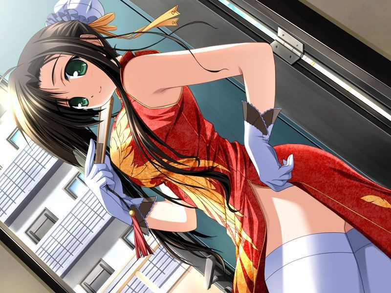 1girl, akiiro_renka, brown_hair, bun_cover, china_dress, chinese_clothes, double_bun, dress, dutch_angle, female_focus, folded_fan, folding_fan, gloves, green_eyes, hair_bun, hand_fan, jpeg_artifacts, purple_software, sagawa_eriko, side_slit, solo, thighhighs, zettai_ryouiki