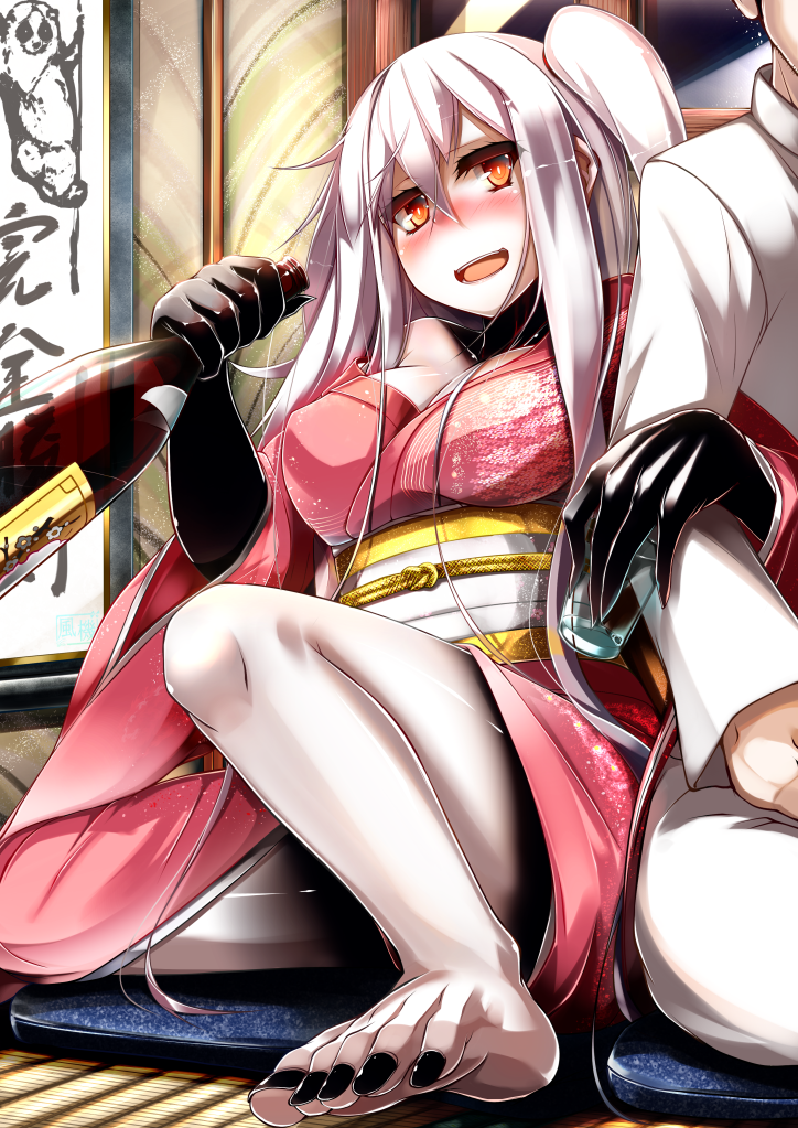 10s, 1boy, 1girl, abyssal_ship, admiral_(kancolle), aircraft_carrier_oni, alcohol, bare_shoulders, barefoot, black_gloves, black_nails, blush, bottle, breasts, colored_skin, cup, drinking_glass, drunk, elbow_gloves, feet, fingernails, furisode, fuuki_(nicoseiga), fuuki_(te_fuukin), gloves, hair_between_eyes, hanging_scroll, hetero, holding, holding_bottle, holding_cup, holding_drinking_glass, indoors, jacket, japanese_clothes, kantai_collection, kimono, large_breasts, locked_arms, long_hair, long_sleeves, looking_to_the_side, nail_polish, nose_blush, obi, on_floor, one_side_up, open_mouth, orange_eyes, out_of_frame, pale_skin, pants, red_eyes, sash, scroll, shiny_skin, side-by-side, sitting, smile, tatami, toenail_polish, toenails, toes, wariza, white_hair, white_jacket, white_pants, white_skin, wide_sleeves