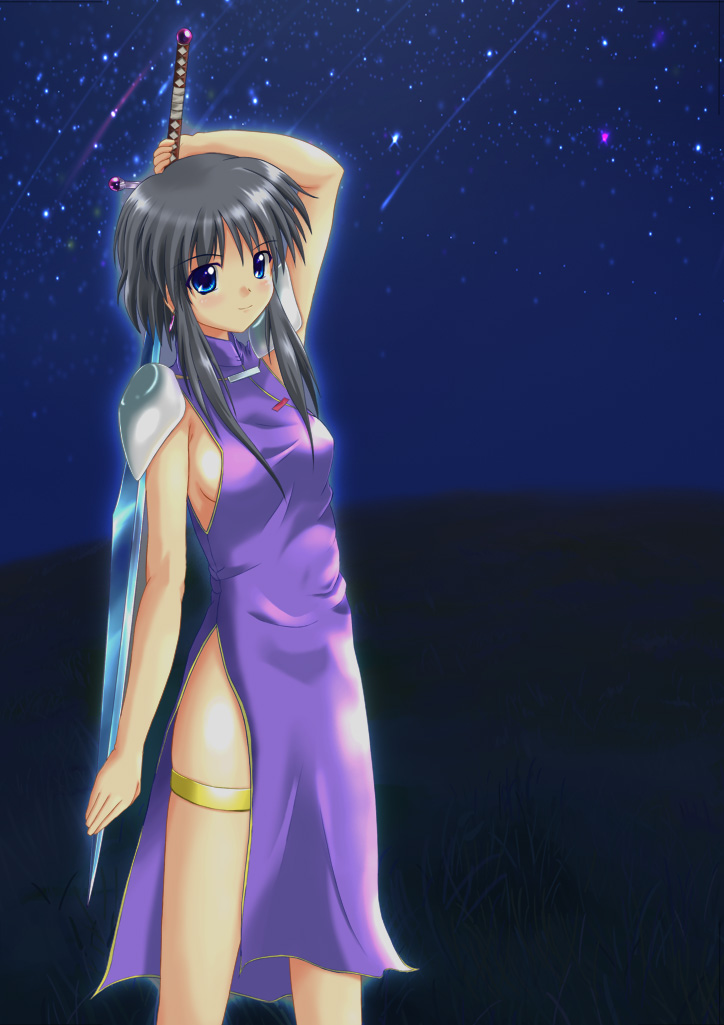 black_hair, blue_eyes, blush, breasts, china_dress, chinese_clothes, dress, fire_emblem, fire_emblem:_genealogy_of_the_holy_war, koni, larcei_(fire_emblem), nintendo, short_hair, sideboob, sword, thighs, weapon