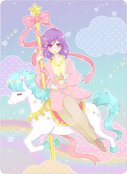 00s, 1boy, cardigan, carousel, cloud, flower, glasses, gundam, gundam_00, male_focus, pinkmm, purple_hair, solo, star_(symbol), tieria_erde