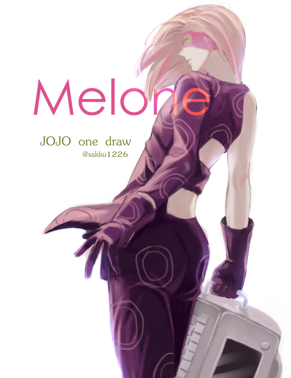 1boy, backlighting, blonde_hair, character_name, computer, domino_mask, eye_mask, from_behind