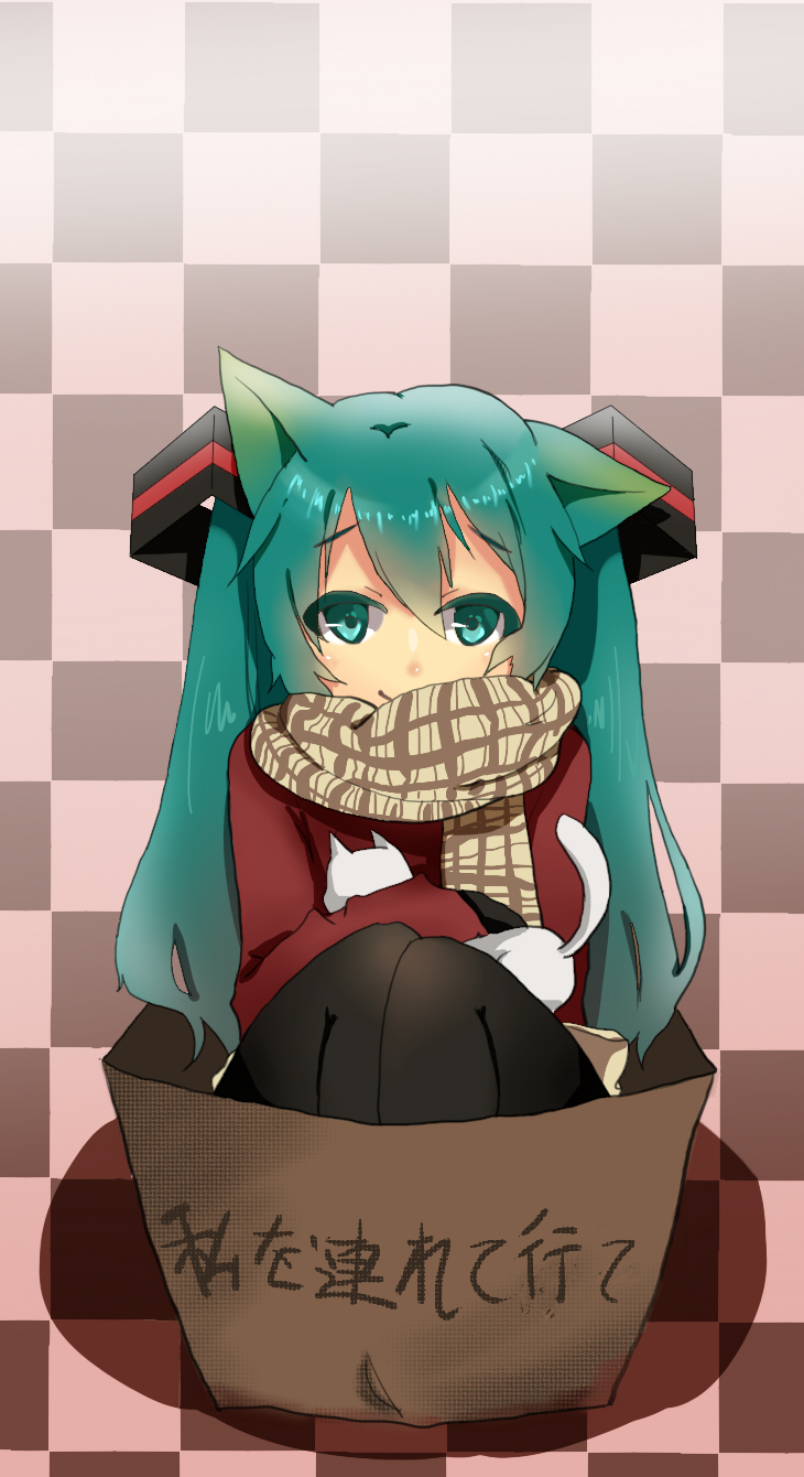 1girl, animal_ears, aqua_eyes, aqua_hair, bad_id, bad_pixiv_id, box, cardboard_box, cat, cat_ears, checkered_background, female_focus, hair_ornament, hatsune_miku, highres, kemonomimi_mode, legs_together, pantyhose, scarf, shadow, skirt, smile, solo, sweater, translation_request, twintails, vocaloid, wang_xinquan