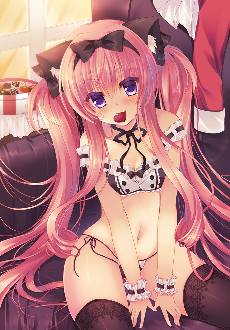 1girl, animal_ears, black_bow, black_panties, black_ribbon, black_thighhighs, blush, bow