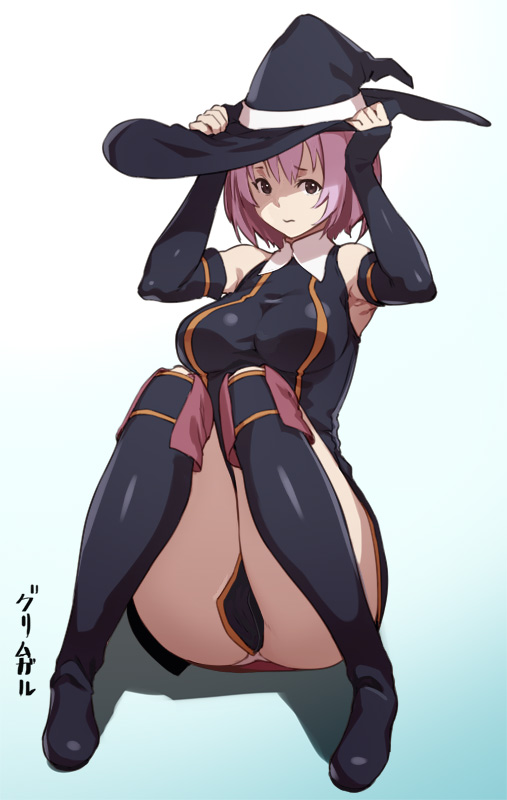 10s, 1girl, bare_shoulders, black_boots, black_gloves, black_hat, boots, breasts, brown_eyes, collared_dress, detached_sleeves, dress, elbow_gloves, female_focus, fingerless_gloves, gloves, hai_to_gensou_no_grimgar, hat, houtengeki, knee_boots, knees_up, large_breasts, looking_at_viewer, panties, pantyshot, pink_hair, shihoru_(grimgar), short_hair, shy, sitting, solo, underwear, witch_hat
