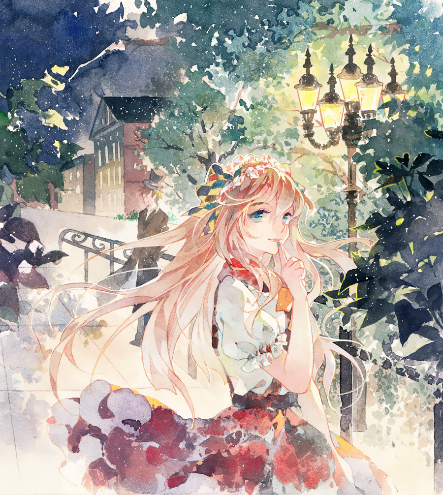 1boy, 1girl, blonde_hair, blouse, blue_eyes, brown_jacket, building, finger_to_mouth