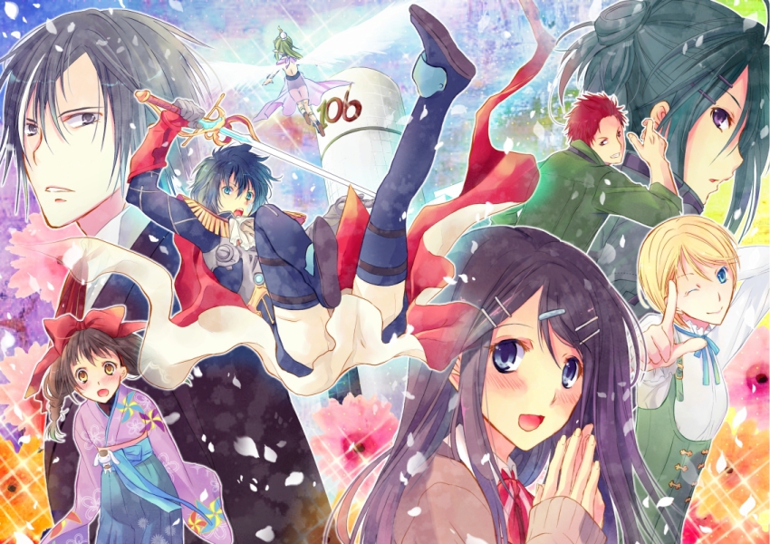 3boys, 5girls, akagi_toma, aoi_itsuki, ascot, back, black_eyes, black_hair