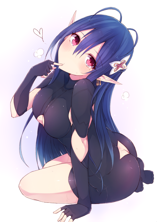 1girl, antenna_hair, arm_support, ass_cutout, bad_id, bad_pixiv_id, black_gloves, black_legwear