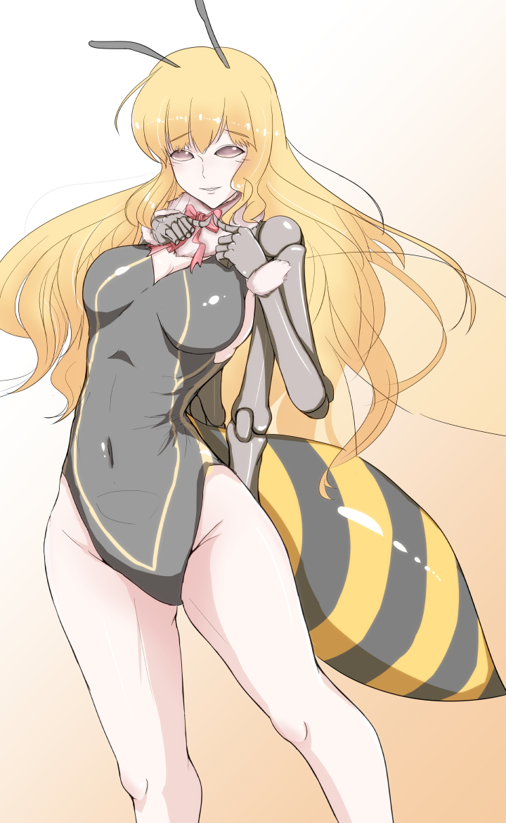 10s, 1girl, antennae, arthropod_girl, bee_girl, blonde_hair, breasts, brown_eyes, carapace, covered_navel, extra_arms, female_focus, gradient_background, honey_(monster_musume), insect_girl, insect_wings, long_hair, monster_girl, monster_musume_no_iru_nichijou, monster_musume_no_iru_nichijou_online, smile, solo, transparent_wings, wings, z_umeshi