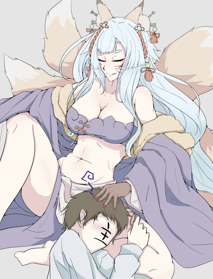 10s, 1boy, 1girl, animal_ears, blue_hair, breasts, brown_hair, cleavage, closed_eyes, faceless, faceless_male, fox_ears, fox_tail, grey_background, kitsune, kyuubi, large_breasts, long_hair, monster_girl, monster_musume_no_iru_nichijou, monster_musume_no_iru_nichijou_online, multiple_tails, nail_polish, navel, short_hair, simple_background, smile, tail, whiskers, youko_(monster_musume), z_umeshi