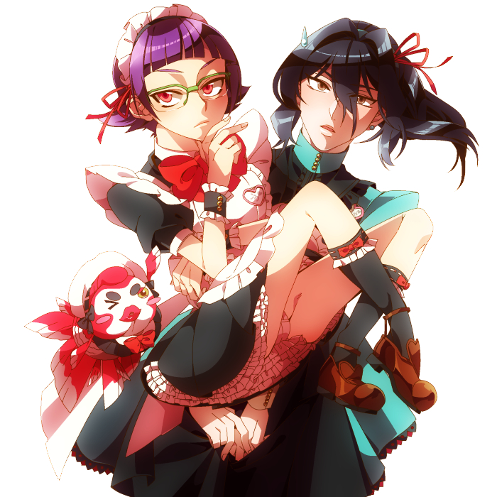 10s, 2boys, alternate_costume, apron, binan_koukou_chikyuu_bouei-bu_love!, black_hair, bow, brown_eyes, carrying, crossdressing, crossdressing_(mtf), dress, enmaided, fish, glasses, green-framed_eyewear, hikaru_pict, hireashi, kinosaki_kou, maid, maid_apron, maid_headdress, male_focus, male_maid, multiple_boys, purple_hair, red_eyes, tazawa_masuya