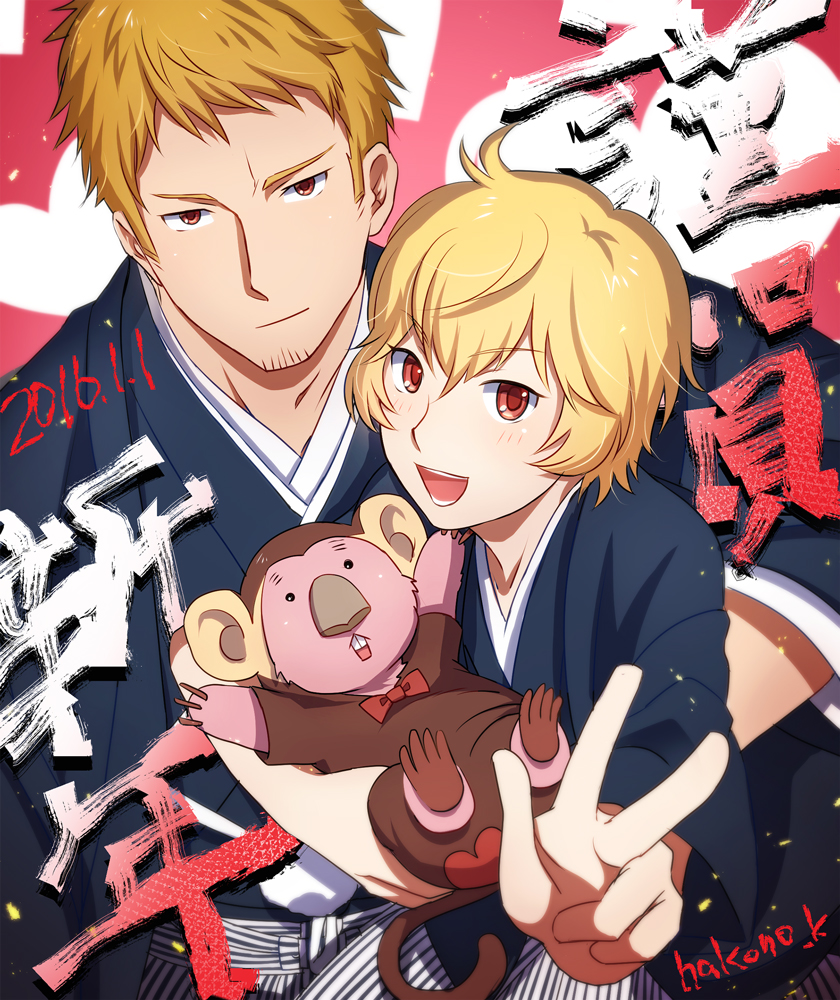 10s, 2016, 2boys, animal_costume, binan_koukou_chikyuu_bouei-bu_love!, blonde_hair, blush, bow