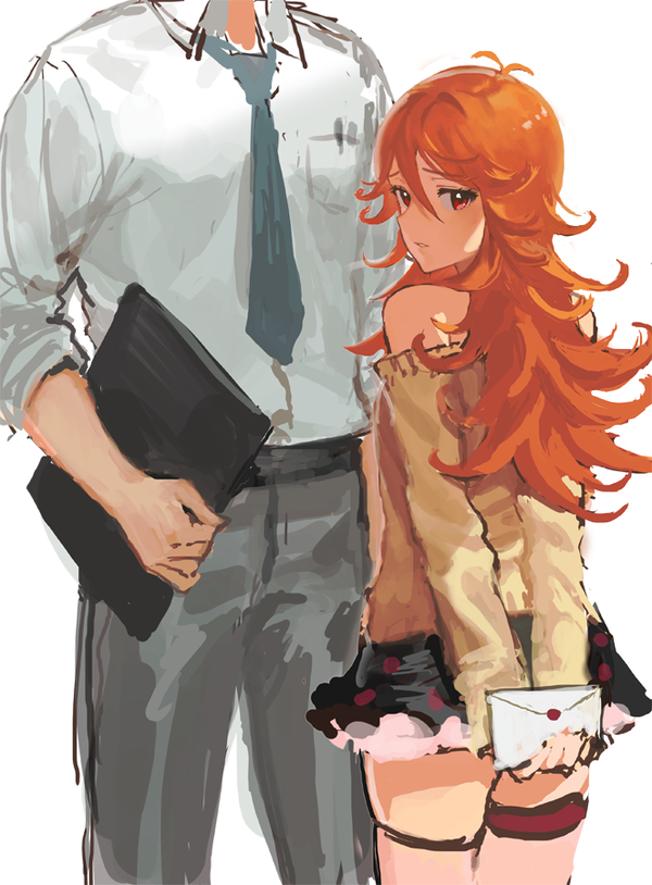 1boy, 1girl, arms_behind_back, bad_id, bad_pixiv_id, bare_shoulders, blush, long_hair, looking_at_viewer, looking_back, manager_(tokyo_7th_sisters), necktie, orange_hair, red_eyes, rr_(suisse200), sketch, skirt, thighhighs, tokyo_7th_sisters, usuta_sumire