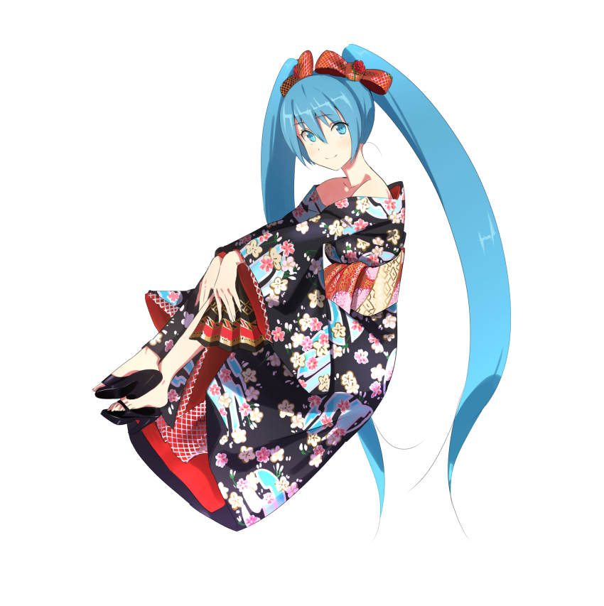 1girl, bad_id, bad_pixiv_id, bare_shoulders, blue_eyes, blue_hair, bow, collarbone, domo1220, eyebrows, female_focus, floral_print, folding_fan, from_side, full_body, hair_bow, hand_fan, hatsune_miku, high_heel_sandals, high_heels, highres, holding, japanese_clothes, kimono, long_hair, long_sleeves, looking_at_viewer, looking_to_the_side, matching_hair/eyes, missing_legwear, obi, off_shoulder, plaid_bow, red_bow, sandals, sash, simple_background, smile, solo, very_long_hair, vocaloid, white_background, wide_strap_sandals