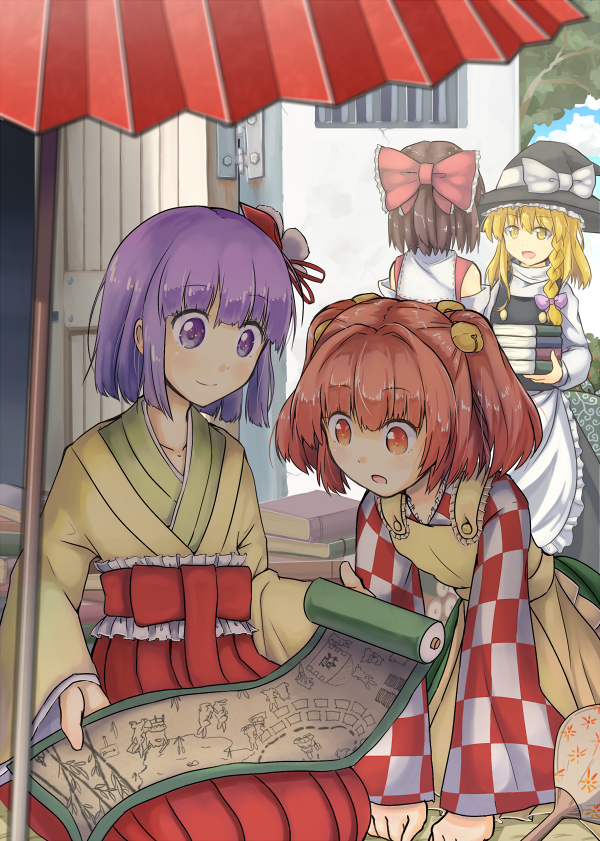 4girls, apron, bell, blonde_hair, book, bow, braid, brown_hair