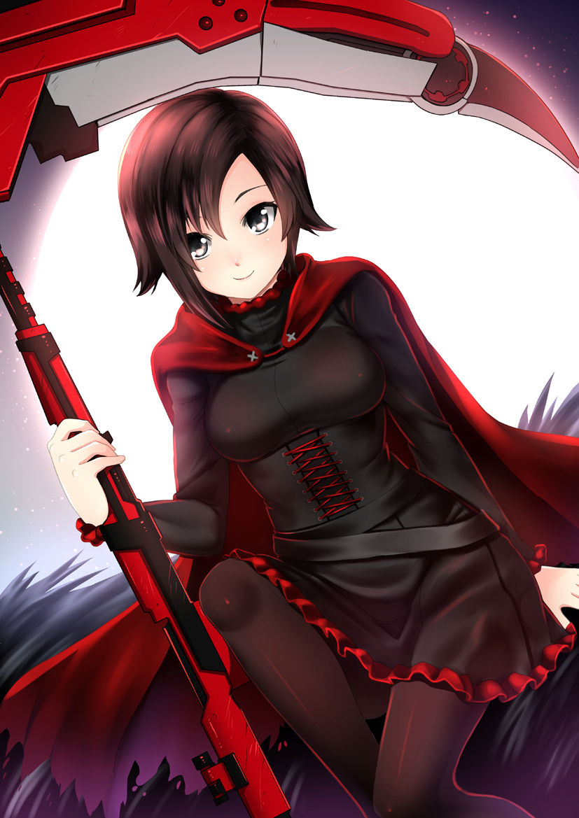 1girl, female_focus, fur, go-it, looking_at_viewer, ruby_rose, rwby, scythe
