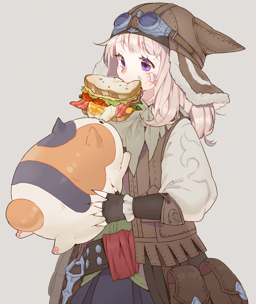 10s, 1girl, animal, animal_hat, bandaid, bandaid_on_face, belt, black_gloves, calico_(pattern), cat, cat_hat, eating, facial_mark, fat_cat_(ff14), final_fantasy, final_fantasy_xiv, fingerless_gloves, food, food_in_mouth, food_on_face, gloves, goggles, goggles_on_headwear, hat, holding, holding_animal, long_hair, miqo'te, mouth_hold, pouch, purple_eyes, sandwich, scratches, vest, wagashi_(goma_dango), warrior_of_light_(ff14), white_hair