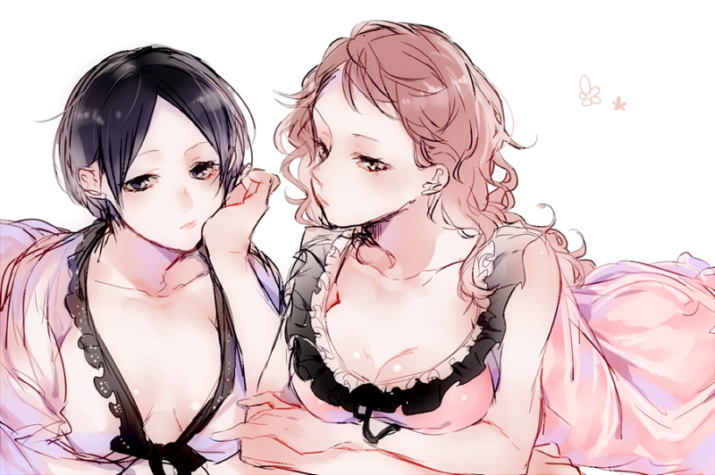 10s, 2girls, bad_id, bad_pixiv_id, black_eyes, black_hair, blush, breasts, brown_hair, cleavage, collarbone, curly_hair, dress, frills, genderswap, genderswap_(mtf), haikyuu!!, haku_(tokuray), head_rest, kunimi_akira, lace, long_hair, lying, medium_breasts, multiple_girls, nightgown, oikawa_tooru_(haikyuu!!), on_stomach, parted_bangs, pink_dress, short_hair, simple_background, sketch, sleeveless, upper_body, white_background