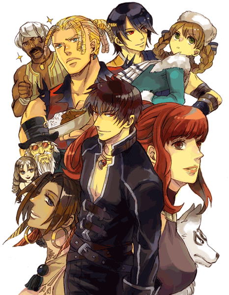 4girls, 5boys, anastasia_(shadow_hearts), beard, belt, black_hair, blonde_hair, blue_eyes