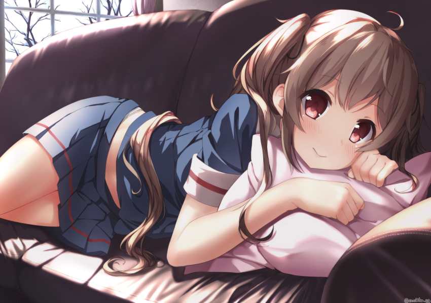 10s, 1girl, black_serafuku, blush, brown_eyes, brown_hair, couch, curtains