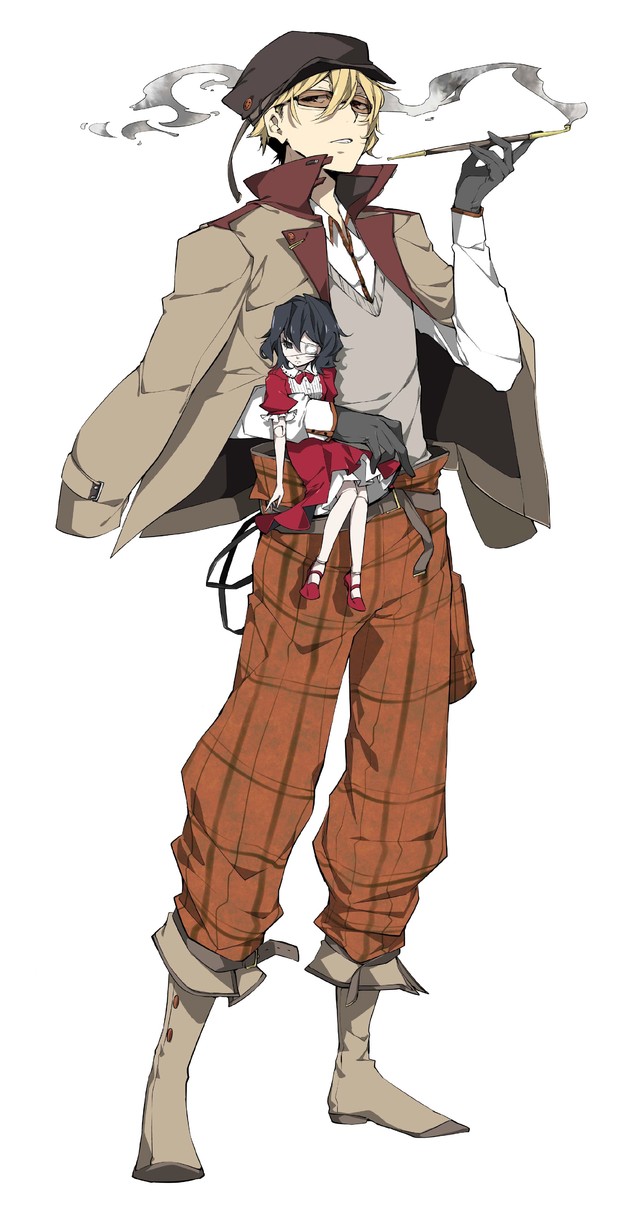 10s, another, ayatsuji_yukito, boots, bungou_stray_dogs, character_doll, doll, doll_joints, gloves, hat, highres, holding, holding_smoking_pipe, jacket, jacket_on_shoulders, joints, kiseru, misaki_mei, smoking, smoking_pipe, sunglasses