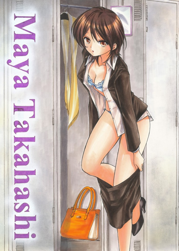1girl, amagami, bag, black_hair, bra, clothes_pull, dress, dress_shirt, handbag, legs, locker, locker_room, open_clothes, open_shirt, shirt, skirt, skirt_pull, takahashi_maya, tegaki_no_yuu, underwear