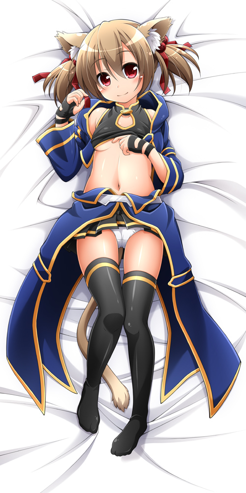10s, 1girl, animal_ears, bed_sheet, black_thighhighs, blush, breasts, brown_hair, cat_ears, cat_tail, dakimakura_(medium), female_focus, fingerless_gloves, full_body, gloves, hair_ribbon, looking_at_viewer, lying, manami_tatsuya, navel, on_back, panties, red_eyes, ribbon, silica, silica_(sao-alo), skirt, small_breasts, solo, sword_art_online, tail, thighhighs, underwear