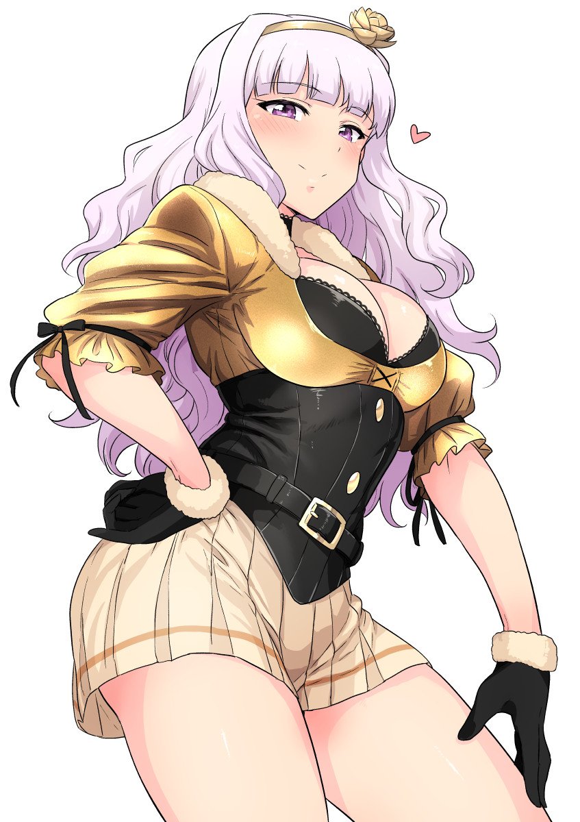 1girl, belt, beyond_the_nobles, black_gloves, blush, breasts, choker, cleavage, corset, female_focus, gloves, hairband, hand_on_own_hip, heart, highres, idolmaster, idolmaster_(classic), large_breasts, long_hair, looking_at_viewer, purple_eyes, red_eyes, shijou_takane, silver_hair, simple_background, skirt, smile, solo, tsurui, white_background