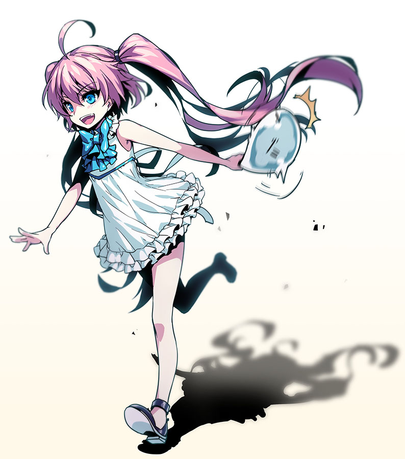 10s, 1girl, 1other, ahoge, blue_eyes, esythqua, female_focus, long_hair, milim_nava, ribbon, rimuru_tempest, running, slime_(creature), solo, tensei_shitara_slime_datta_ken, twintails