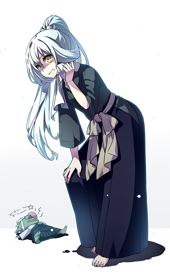 10s, 1boy, 1other, alternate_costume, barefoot, dougi, esythqua, gobta_(tensura), hakama, hakama_skirt, japanese_clothes, long_hair, rimuru_tempest, skirt, solo, tensei_shitara_slime_datta_ken, towel, white_hair, yellow_eyes