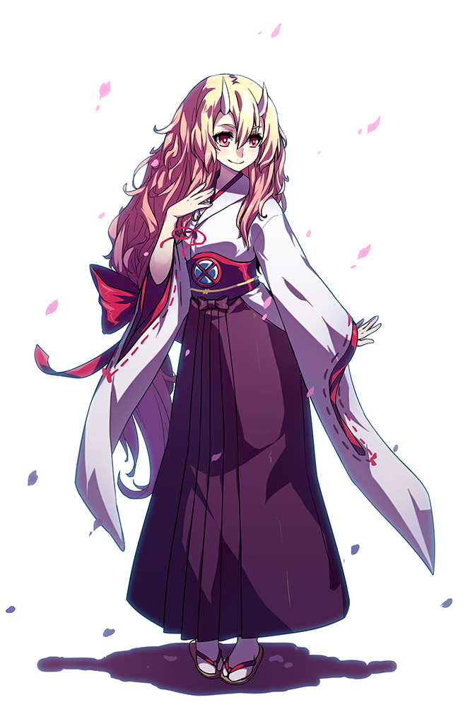 10s, 1girl, blonde_hair, esythqua, female_focus, geta, hakama, hakama_skirt, horns, japanese_clothes, long_hair, miko, petals, ribbon, shuna_(tensura), skirt, solo, tabi, tensei_shitara_slime_datta_ken