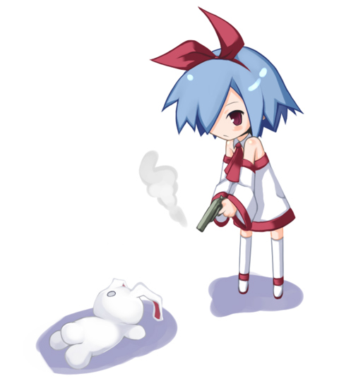 blue_hair, rabbit, detached_sleeves, gun, hair_ribbon, handgun, mitsuki_(pixiv11671), mitsuki_(toriaezu), pistol, pleinair, red_eyes, ribbon, short_hair, solo, stuffed_animal, stuffed_toy, thighhighs, usagi-san, weapon