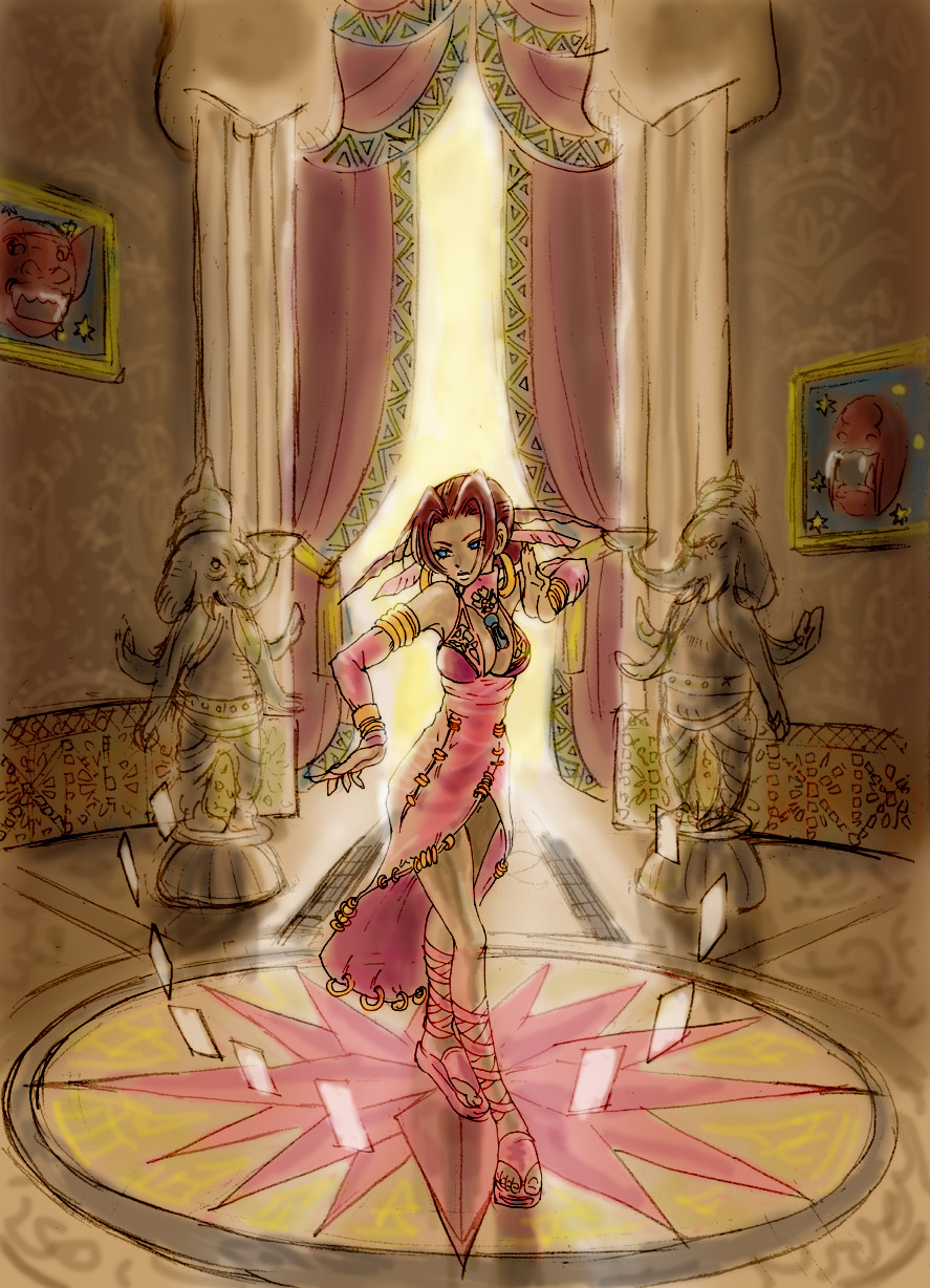 blue_eyes, dancing, earrings, highres, hoop_earrings, jewelry, lucia_(shadow_hearts), shadow_hearts