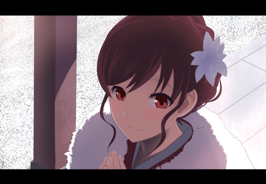 10s, 1girl, alternate_costume, alternate_hairstyle, brown_hair, female_focus, flower, fur_trim