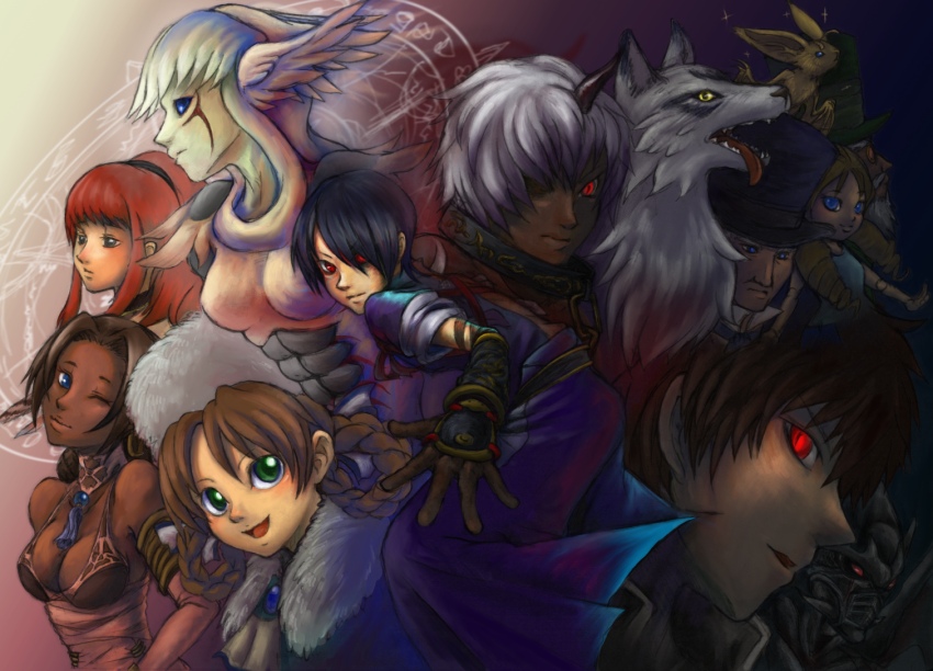 5girls, 6+boys, albert_simon, alice_elliot, anastasia_(shadow_hearts), beard, black_hair, blue_eyes