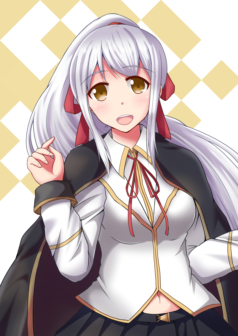 1girl, :d, alternate_costume, alternate_hairstyle, blazblue, bow, brown_eyes, cape