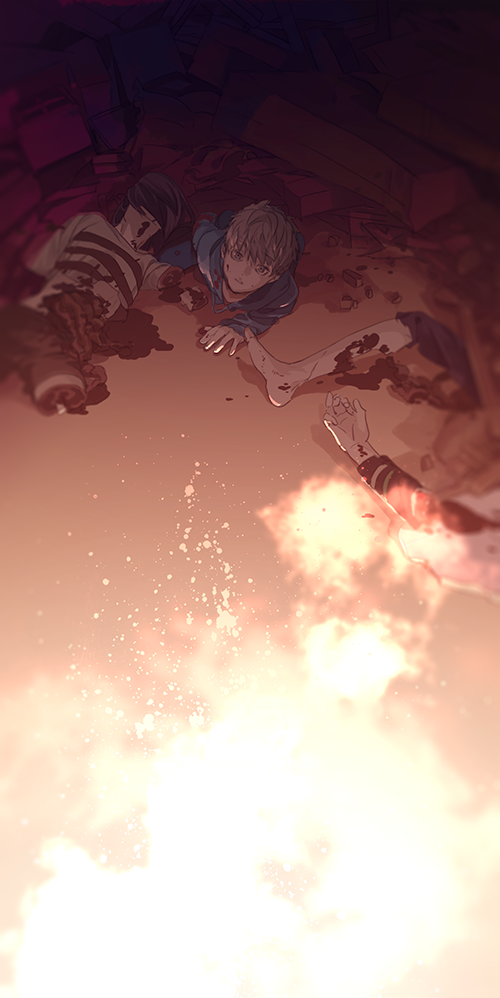 1boy, aged_down, amputee, barefoot, blonde_hair, blood, blood_on_face, blurry, corpse, death, debris, depth_of_field, destruction, detached_arm, detached_legs, genos, glowing, guro, injury, intestines, long_sleeves, looking_at_viewer, lying, male_focus, meshi_yori_yado, on_ground, on_stomach, one-punch_man, solo_focus, yellow_eyes