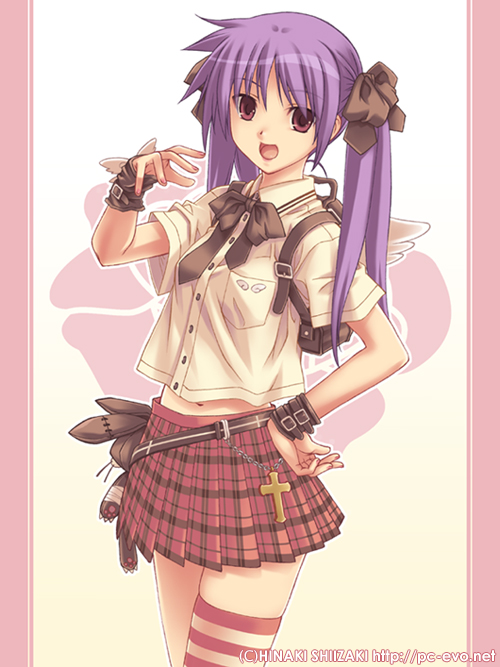 asymmetrical_clothes, backpack, bag, brown_eyes, cross, hinaki_shiizaki, open_mouth, original, plaid_clothes, plaid_skirt, purple_hair, randoseru, shiizaki_hinaki, single_thighhigh, skirt, solo, striped_clothes, striped_thighhighs, thighhighs, twintails