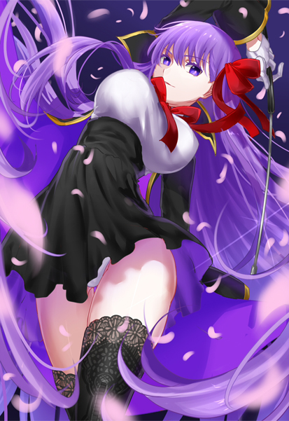 10s, 1girl, arm_up, bb_(fate), bb_(fate/extra), black_dress, black_thighhighs, bow, breasts, closed_mouth, dress, fate/extra, fate/extra_ccc, fate/stay_night, fate_(series), female_focus, gloves, hair_bow, holding, holding_weapon, lace, lace-trimmed_legwear, lace_trim, large_breasts, lens_flare, light_smile, long_hair, long_sleeves, looking_at_viewer, matou_sakura, mitsuki_hana, motion_blur, panties, pantyshot, petals, purple_eyes, purple_hair, red_bow, red_ribbon, ribbon, riding_crop, solo, standing, thigh_gap, thighhighs, underwear, upskirt, very_long_hair, weapon, white_gloves, white_panties