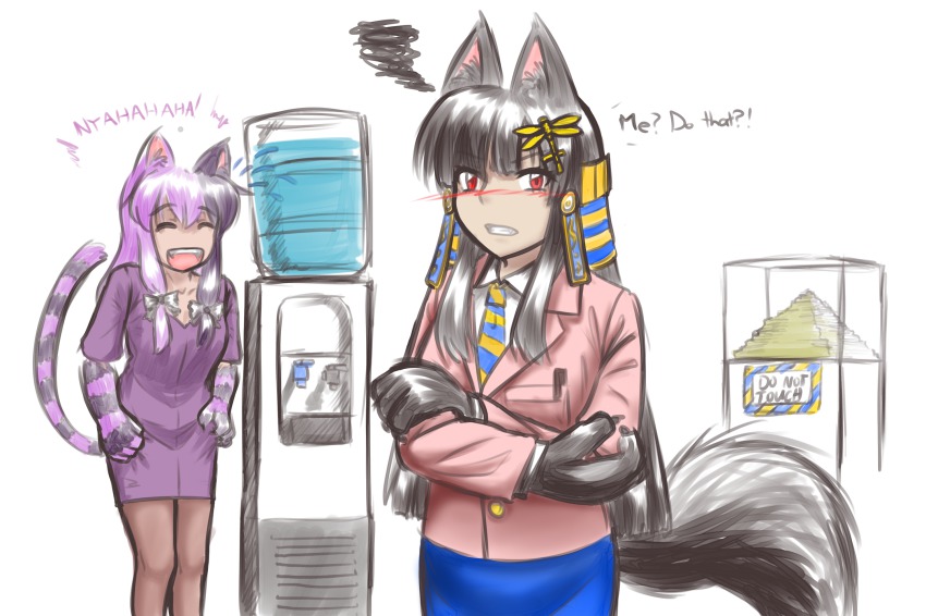 2girls, :d, alternate_costume, animal_ears, animal_hands, anubis_(monster_girl_encyclopedia), black_hair, blush, business_suit, bwsnowy, cat_ears, cat_tail, cheshire_cat_(monster_girl_encyclopedia), closed_eyes, crossed_arms, disembodied_blush, embarrassed, english_text, formal_clothes, fur, hair_ornament, highres, hime_cut, laughing, long_hair, looking_at_viewer, monster_girl, monster_girl_encyclopedia, monster_girl_encyclopedia_ii, multicolored_hair, multiple_girls, necktie, office_lady, open_mouth, purple_hair, red_eyes, simple_background, smile, squiggle, striped_tail, suit, tail, text_focus, two-tone_hair, very_long_hair, water_cooler, white_background