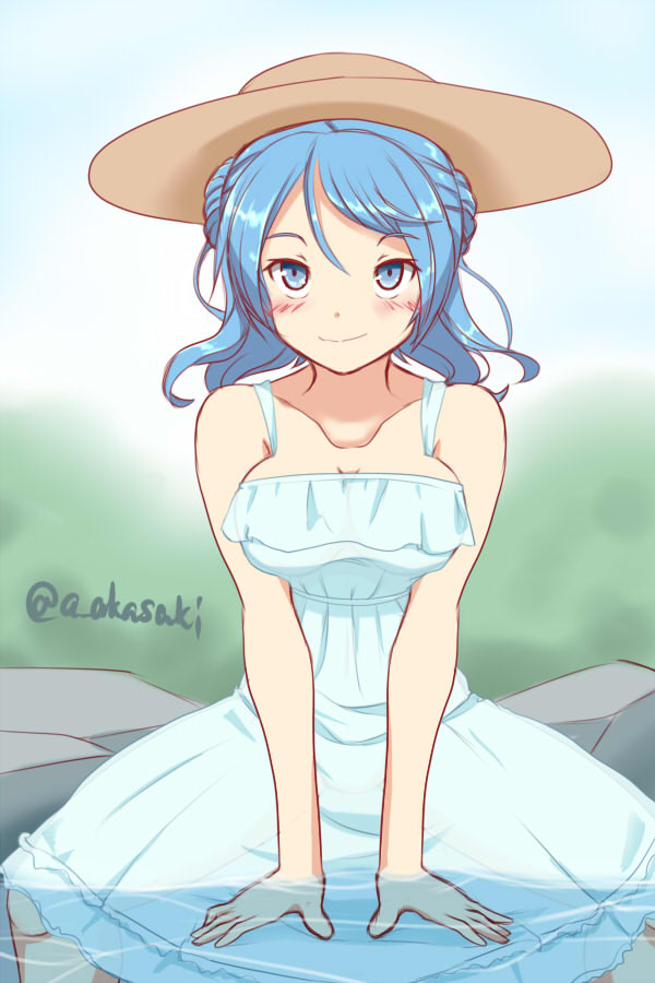 10s, 1girl, akai_akasaki, alternate_costume, blue_eyes, blue_hair, blush, breasts