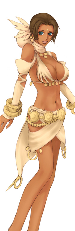 1girl, alternate_costume, bad_id, blue_eyes, breasts, brown_hair, cleavage, dark-skinned_female