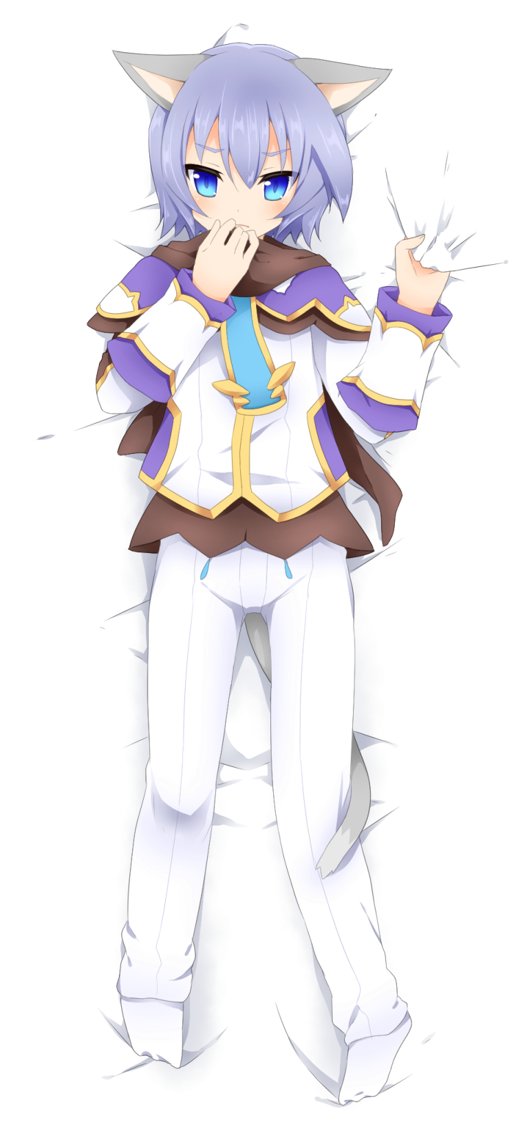 1boy, animal_ears, bed_sheet, blue_eyes, blush, cat_boy, cat_ears, cat_tail